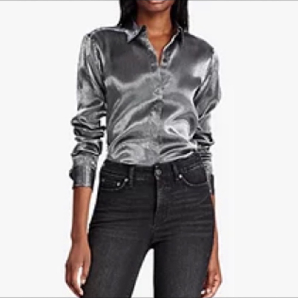 New Ralph Lauren Silver Button Down Blouse Size 6